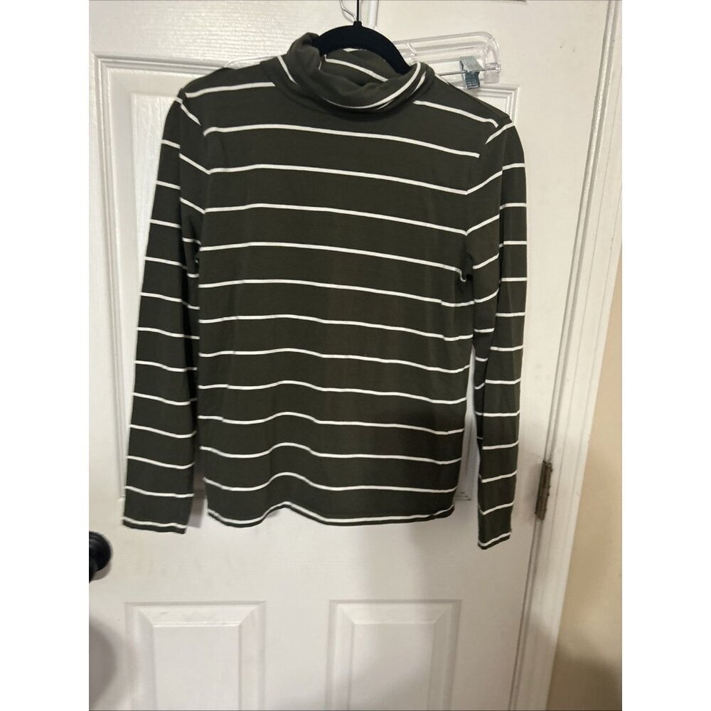 Talbots Womens Olive Green White Stripped Long Sleeve Turtleneck  Size M